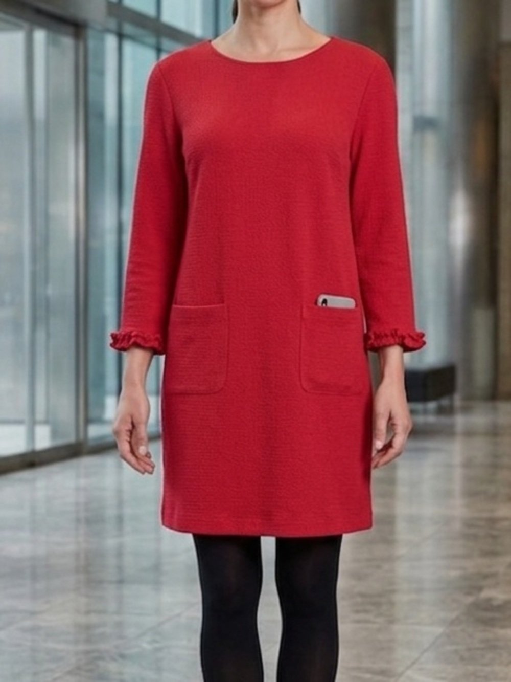 Tabitha Webb Red Ruffle Cuff 2 Pocket Shift Dress Small